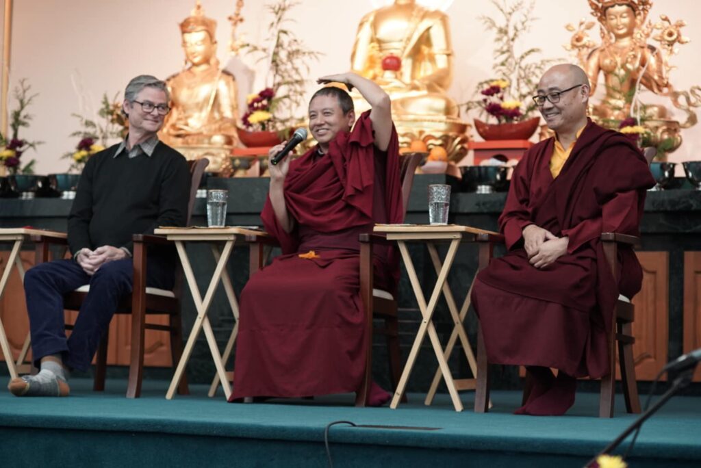 Acharya Tashi Wangchuk, Mitra Mark Power and Acharya Lhakpa Tshering at Winter Retreat 2024 (The Expansive Sunlight of Love and Compassion)